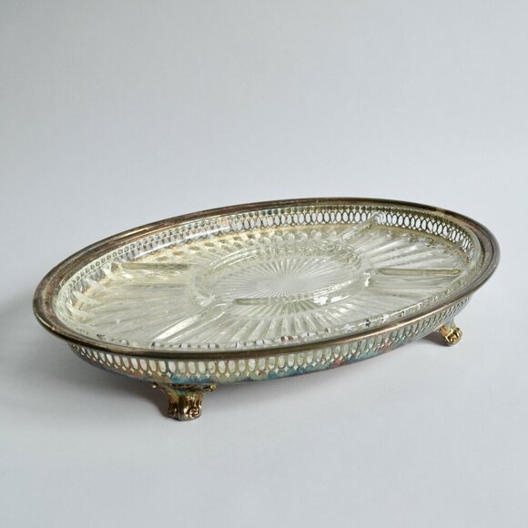 Vintage Silver Plate Large Glass Insert Serving Platter Divided Footed - Picture 1 of 5